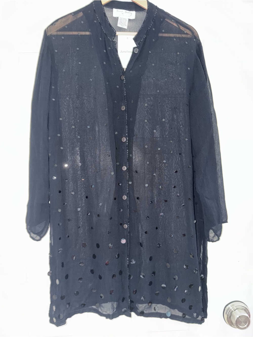 Rene Derhy Vintage 100% Rayon Sheer Black with sequins mini dress or top. Sz L